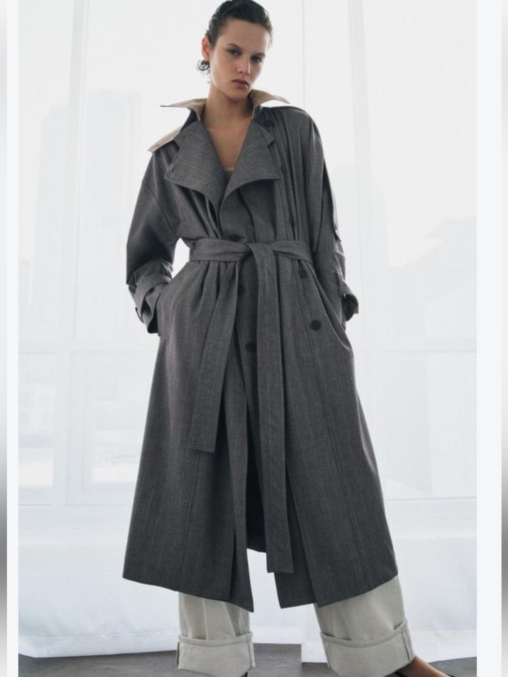 Zara Charcoal Gray Double-Breasted Trench Coat with Belt